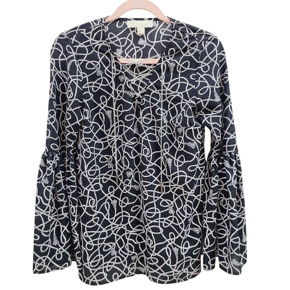 Michael Kors XS Navy White Rope Print Chain Lace Up Bell Sleeve Blouse Top
